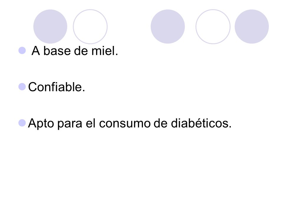 A base de miel. Confiable. Apto para el consumo de diabéticos.