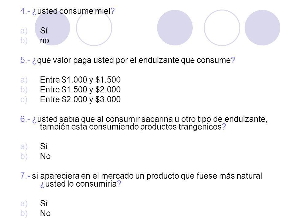 4.- ¿usted consume miel Sí. no. 5.- ¿qué valor paga usted por el endulzante que consume Entre $1.000 y $