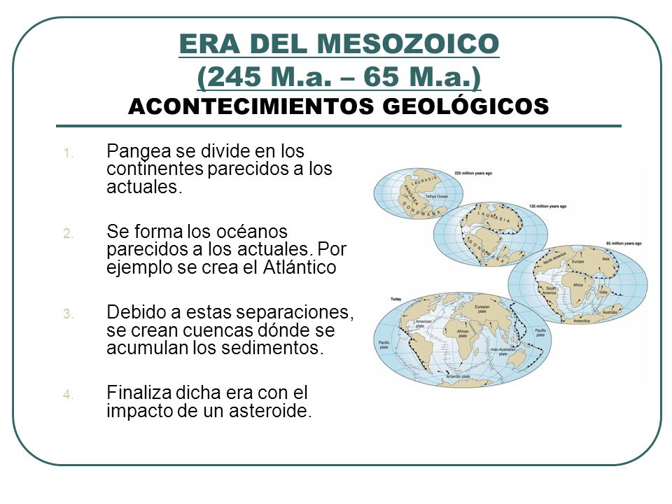 ERA DEL MESOZOICO (245 M.a. – 65 M.a.) ACONTECIMIENTOS GEOLÓGICOS