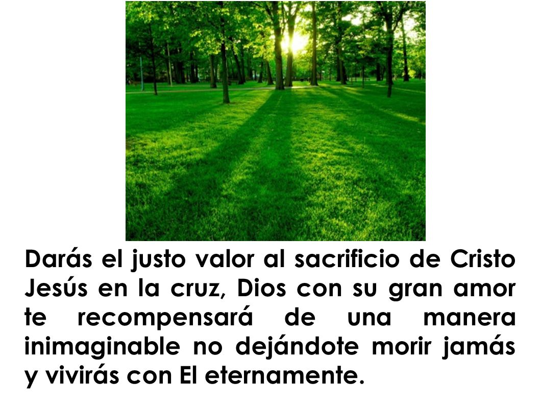 Darás el justo valor al sacrificio de Cristo Jesús en la cruz, Dios con su gran amor te recompensará de una manera inimaginable no dejándote morir jamás y vivirás con El eternamente.