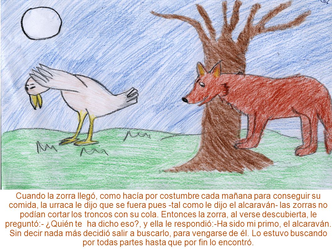 Cuando la zorra llegó, como hacía por costumbre cada mañana para conseguir su comida, la urraca le dijo que se fuera pues -tal como le dijo el alcaraván- las zorras no podían cortar los troncos con su cola.