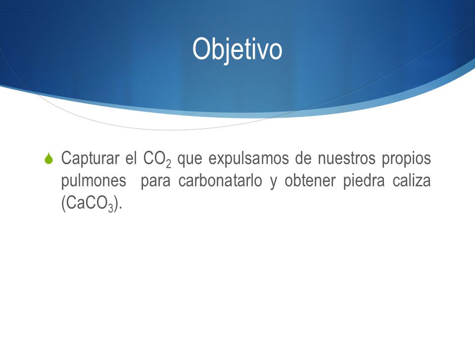 Objetivo Capturar el CO2 que expulsamos de nuestros propios pulmones para carbonatarlo y obtener piedra caliza (CaCO3).