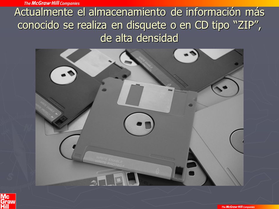 Actualmente el almacenamiento de información más conocido se realiza en disquete o en CD tipo ZIP , de alta densidad
