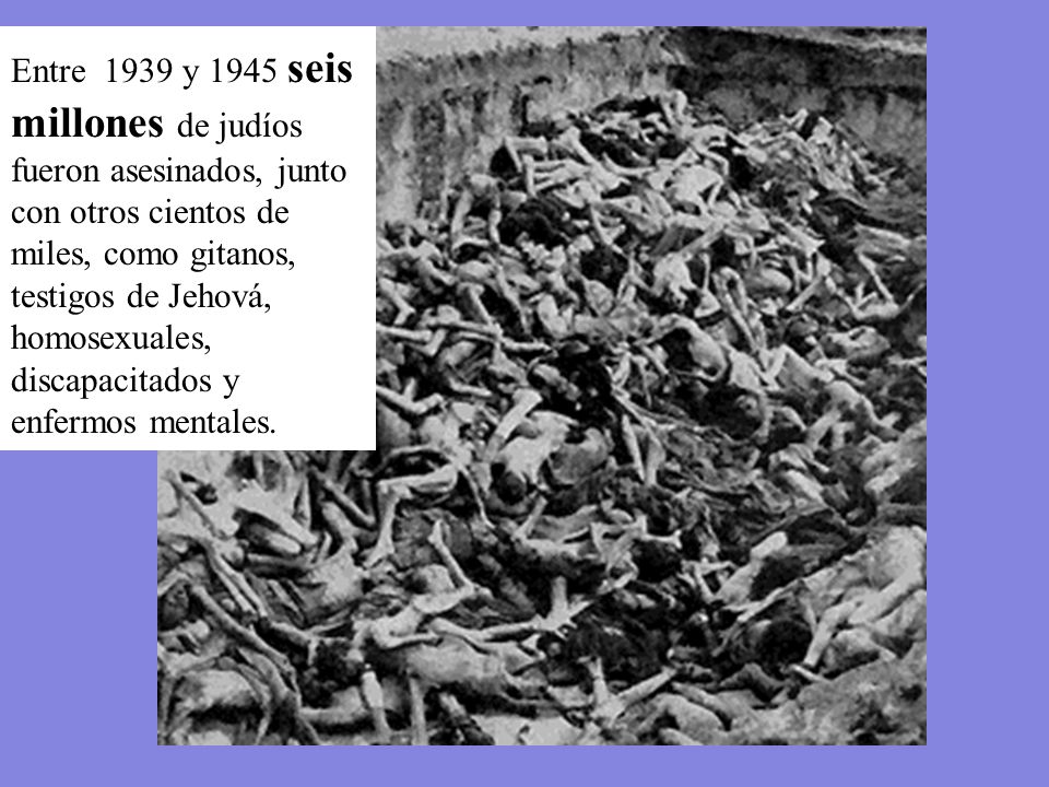 Entre 1939 y 1945 seis millones de judíos fueron asesinados, junto con otros cientos de miles, como gitanos, testigos de Jehová, homosexuales, discapacitados y enfermos mentales.