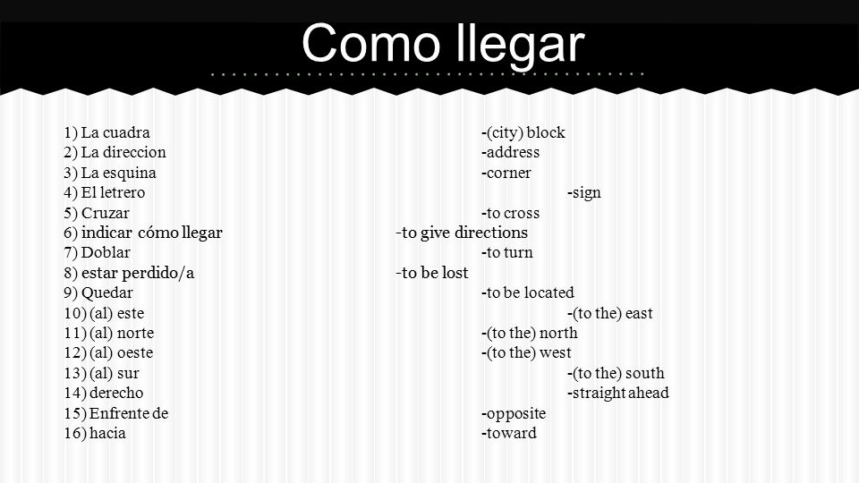 Como llegar 1) La cuadra -(city) block 2) La direccion -address