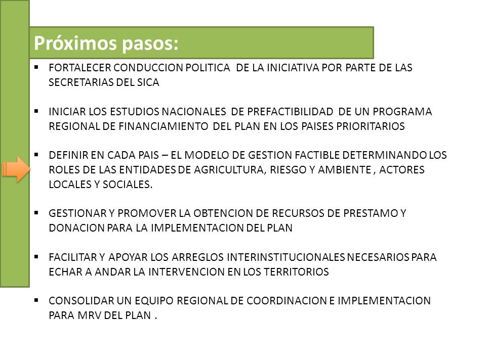 Próximos pasos: FORTALECER CONDUCCION POLITICA DE LA INICIATIVA POR PARTE DE LAS SECRETARIAS DEL SICA.