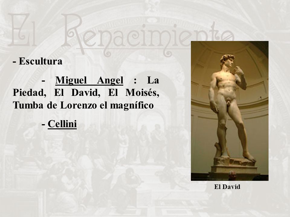 El David - Escultura. - Miguel Angel : La Piedad, El David, El Moisés, Tumba de Lorenzo el magnífico.