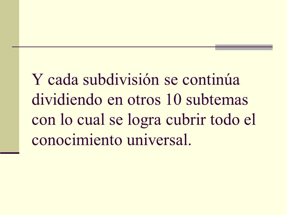 Y cada subdivisión se continúa dividiendo en otros 10 subtemas con lo cual se logra cubrir todo el conocimiento universal.