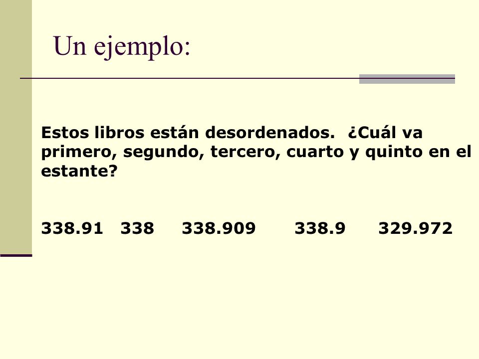 Un ejemplo: Estos libros están desordenados. ¿Cuál va primero, segundo, tercero, cuarto y quinto en el estante