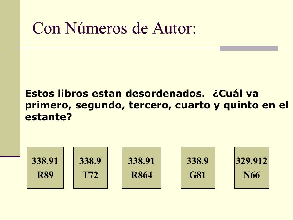 Con Números de Autor: Estos libros estan desordenados. ¿Cuál va primero, segundo, tercero, cuarto y quinto en el estante