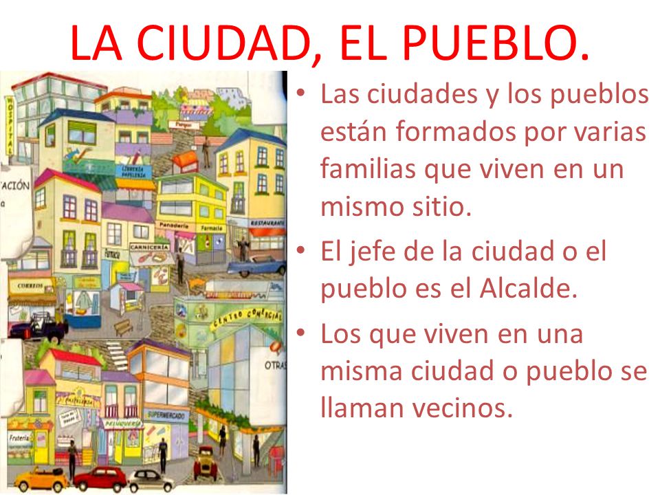 LA CIUDAD, EL PUEBLO. Las ciudades y los pueblos están formados por varias familias que viven en un mismo sitio.