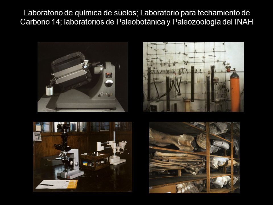 Laboratorio de química de suelos; Laboratorio para fechamiento de Carbono 14; laboratorios de Paleobotánica y Paleozoología del INAH
