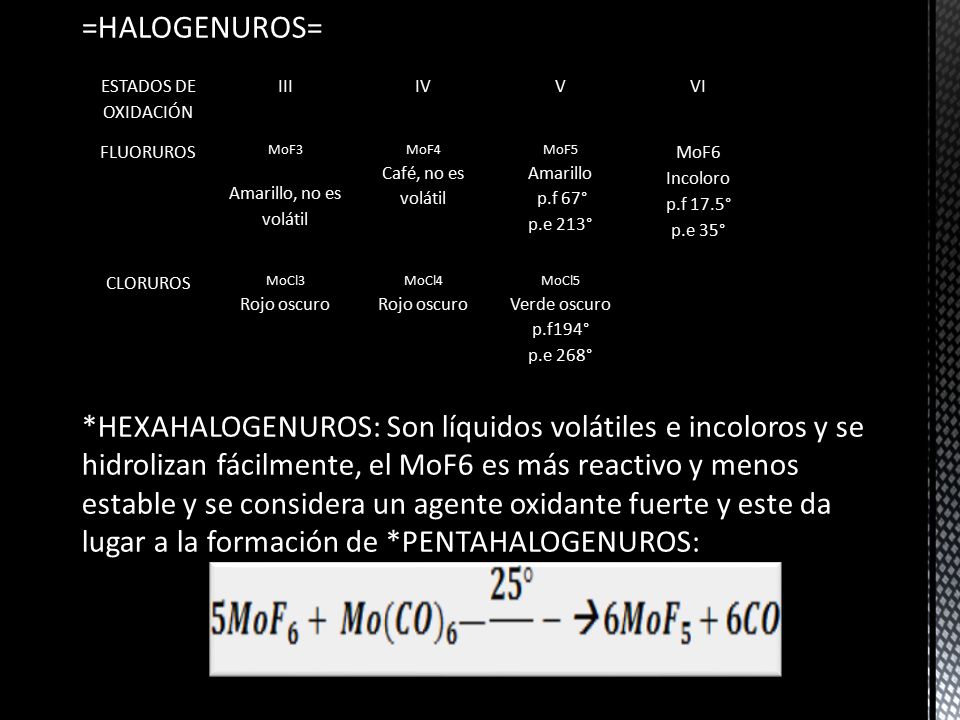 =HALOGENUROS= *HEXAHALOGENUROS: Son líquidos volátiles e incoloros y se hidrolizan fácilmente, el MoF6 es más reactivo y menos estable y se considera un agente oxidante fuerte y este da lugar a la formación de *PENTAHALOGENUROS: