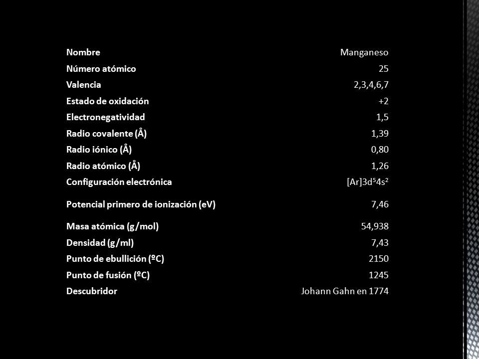 Nombre Manganeso. Número atómico. 25. Valencia. 2,3,4,6,7. Estado de oxidación. +2. Electronegatividad.