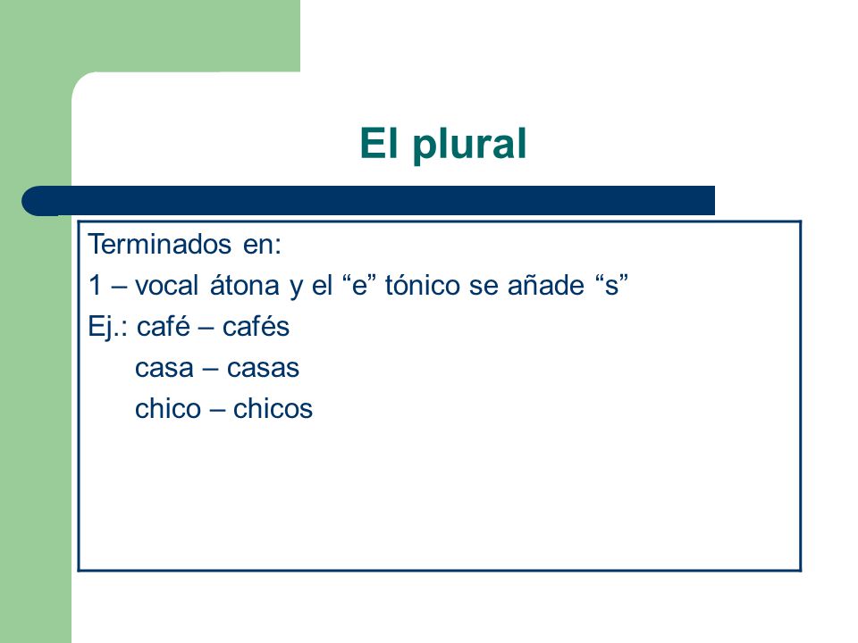 El plural Terminados en: 1 – vocal átona y el e tónico se añade s