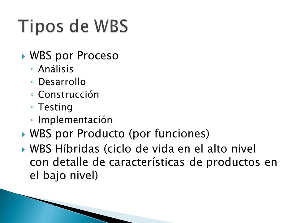 Tipos de WBS WBS por Proceso WBS por Producto (por funciones)