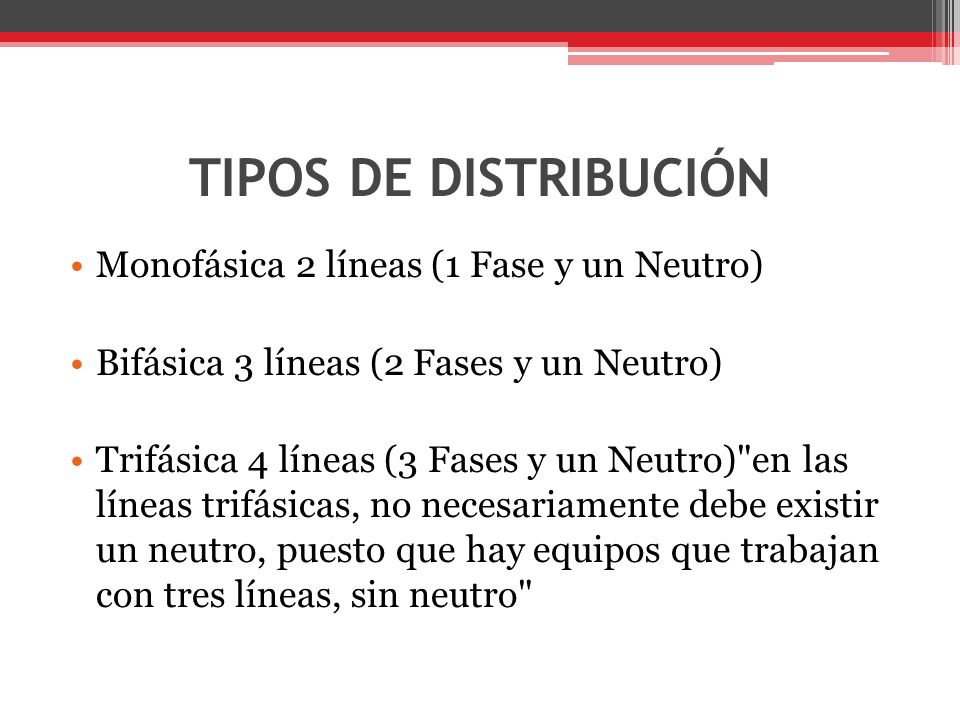 TIPOS DE DISTRIBUCIÓN Monofásica 2 líneas (1 Fase y un Neutro)