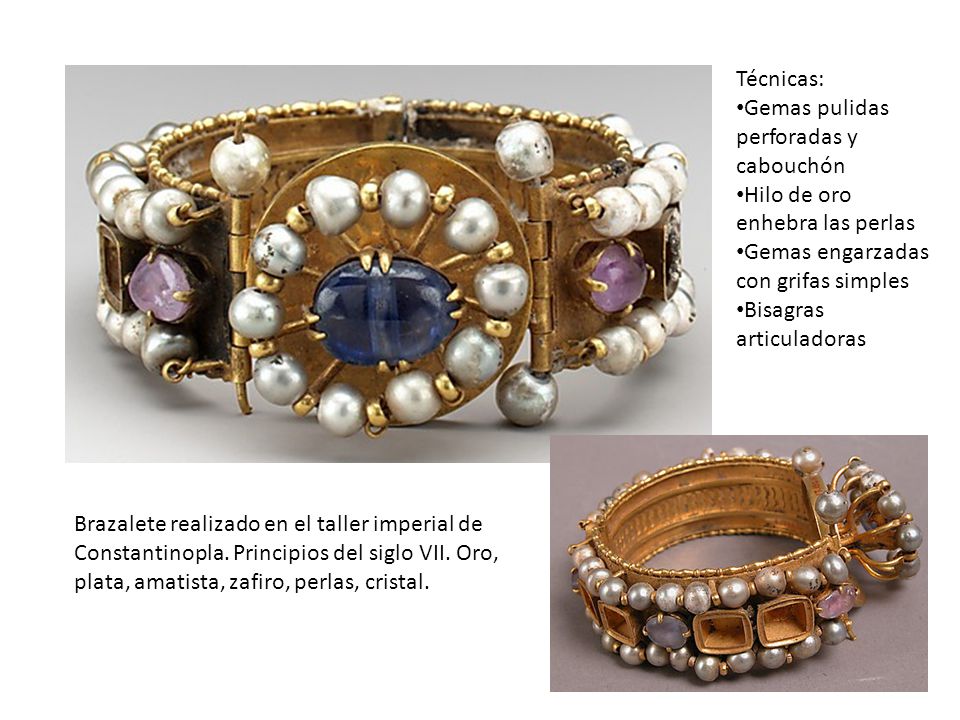 Técnicas: Gemas pulidas perforadas y cabouchón. Hilo de oro enhebra las perlas. Gemas engarzadas con grifas simples.