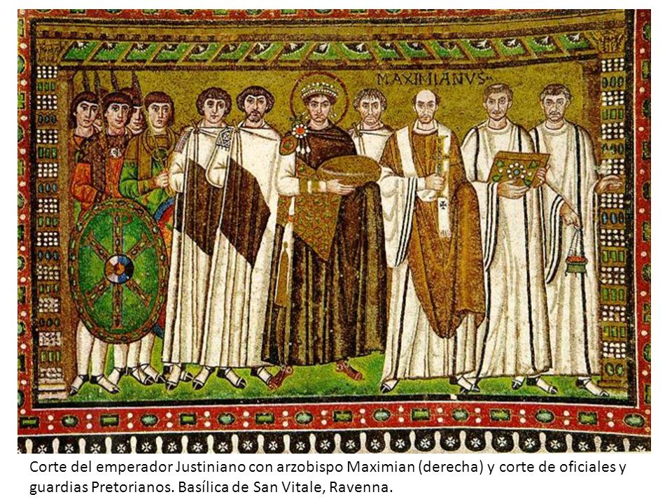 Corte del emperador Justiniano con arzobispo Maximian (derecha) y corte de oficiales y guardias Pretorianos.