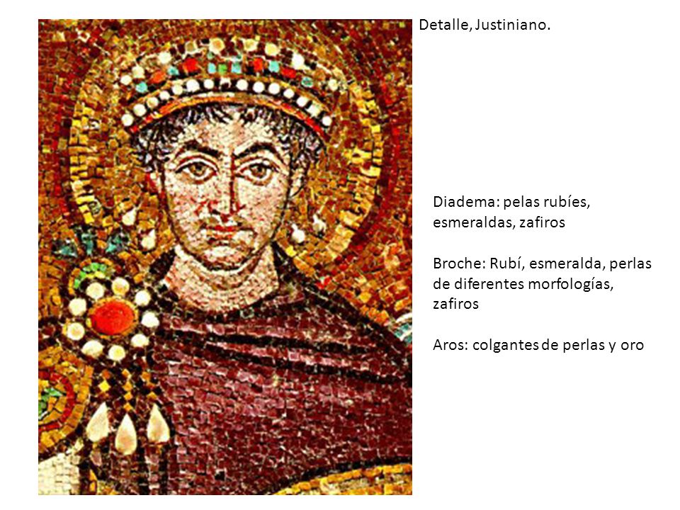 Detalle, Justiniano. Diadema: pelas rubíes, esmeraldas, zafiros. Broche: Rubí, esmeralda, perlas de diferentes morfologías, zafiros.