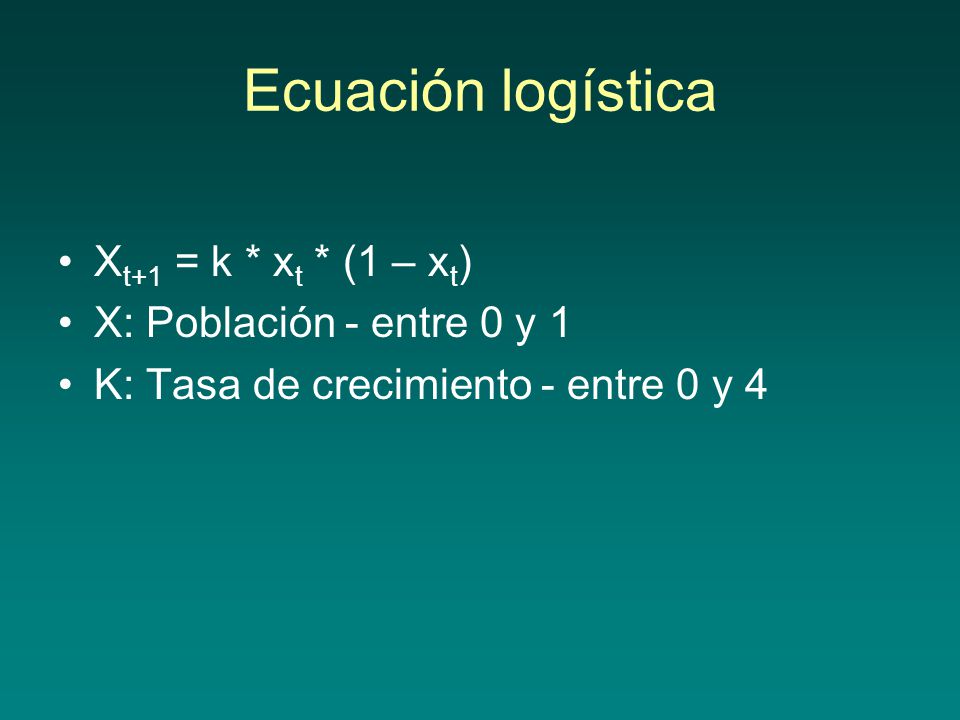 Ecuación logística Xt+1 = k * xt * (1 – xt) X: Población - entre 0 y 1