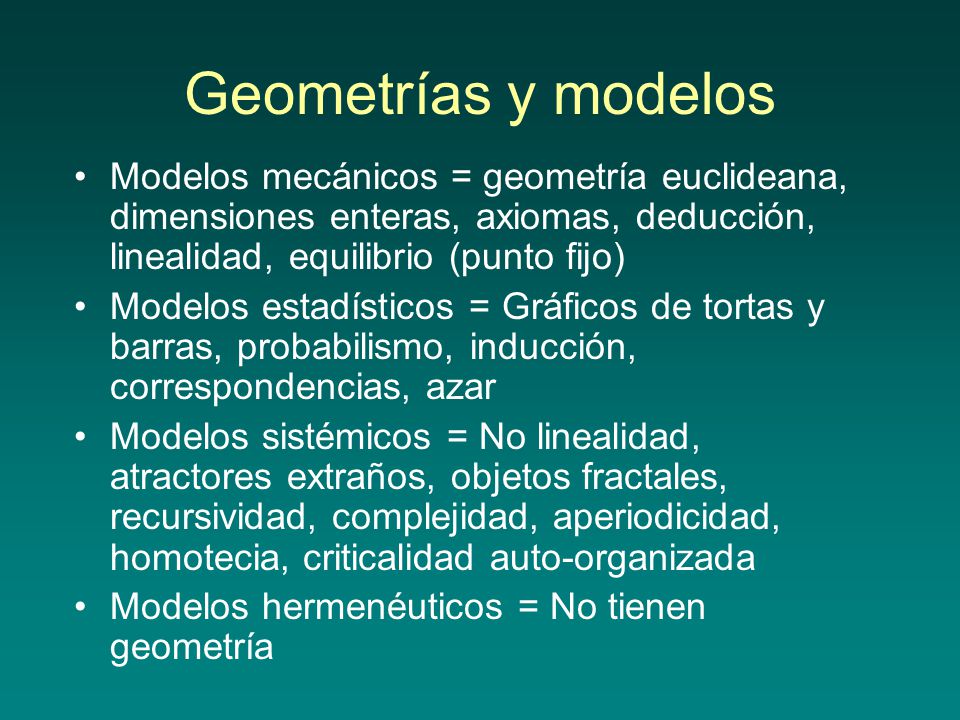 Geometrías y modelos Modelos mecánicos = geometría euclideana, dimensiones enteras, axiomas, deducción, linealidad, equilibrio (punto fijo)