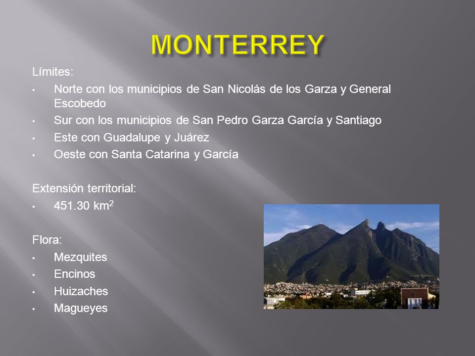 MONTERREY Límites: Norte con los municipios de San Nicolás de los Garza y General Escobedo.