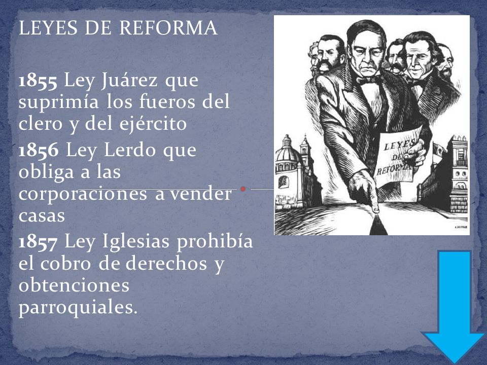LEYES DE REFORMA 1855 Ley Juárez que suprimía los fueros del clero y del ejército Ley Lerdo que obliga a las corporaciones a vender casas.