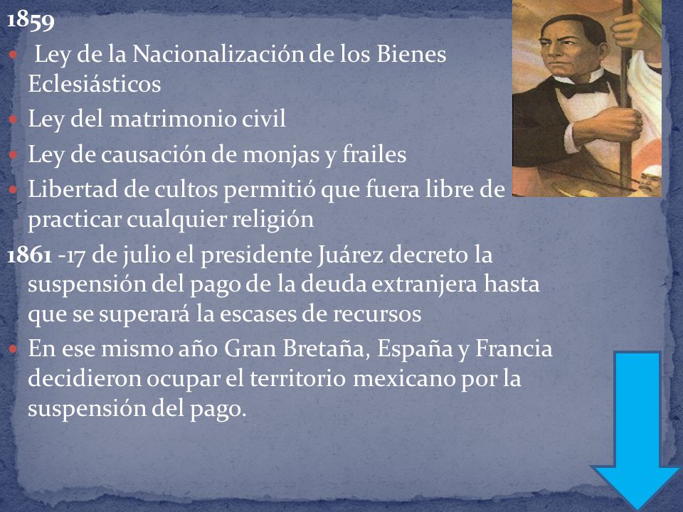 1859 Ley de la Nacionalización de los Bienes Eclesiásticos. Ley del matrimonio civil. Ley de causación de monjas y frailes.