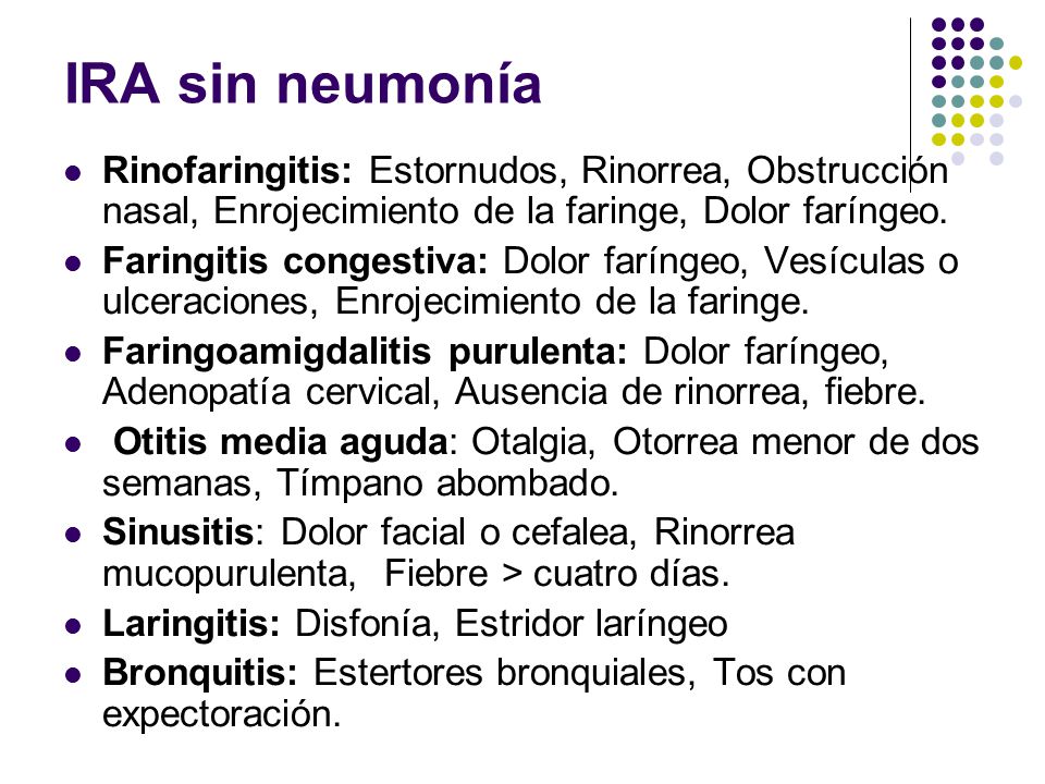 IRA sin neumonía Rinofaringitis: Estornudos, Rinorrea, Obstrucción nasal, Enrojecimiento de la faringe, Dolor faríngeo.