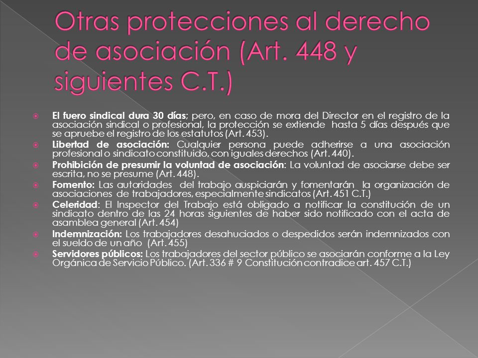 Otras protecciones al derecho de asociación (Art. 448 y siguientes C.T.)