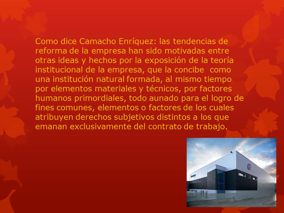 Como dice Camacho Enríquez: las tendencias de reforma de la empresa han sido motivadas entre otras ideas y hechos por la exposición de la teoría institucional de la empresa, que la concibe como una institución natural formada, al mismo tiempo por elementos materiales y técnicos, por factores humanos primordiales, todo aunado para el logro de fines comunes, elementos o factores de los cuales atribuyen derechos subjetivos distintos a los que emanan exclusivamente del contrato de trabajo.