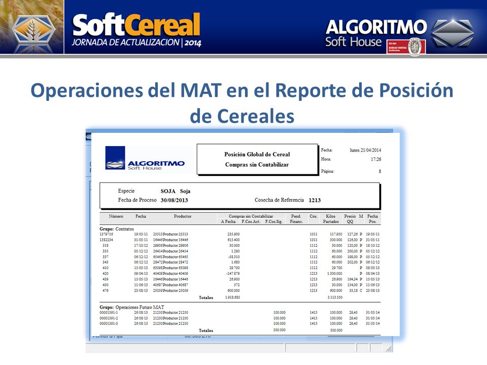 Operaciones del MAT en el Reporte de Posición de Cereales