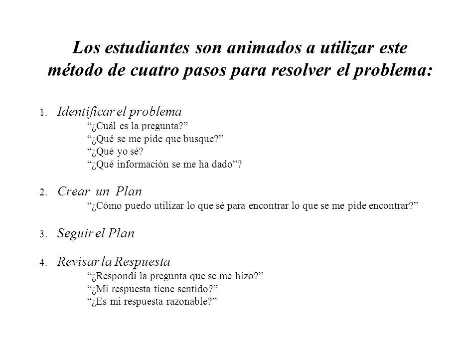 Los estudiantes son animados a utilizar este método de cuatro pasos para resolver el problema: