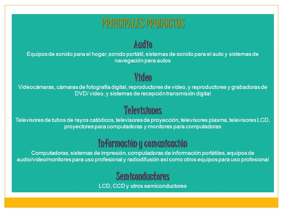 PRINCIPALES PRODUCTOS Audio Equipos de sonido para el hogar, sonido portátil, sistemas de sonido para el auto y sistemas de navegación para autos Video Videocámaras, cámaras de fotografía digital, reproductores de video, y reproductores y grabadoras de DVD/ video, y sistemas de recepción transmisión digital Televisiones Televisores de tubos de rayos catódicos, televisores de proyección, televisores plasma, televisores LCD, proyectores para computadoras y monitores para computadoras Información y comunicación Computadoras, sistemas de impresión, computadoras de información portátiles, equipos de audio/video/monitores para uso profesional y radiodifusión así como otros equipos para uso profesional Semiconductores LCD, CCD y otros semiconductores