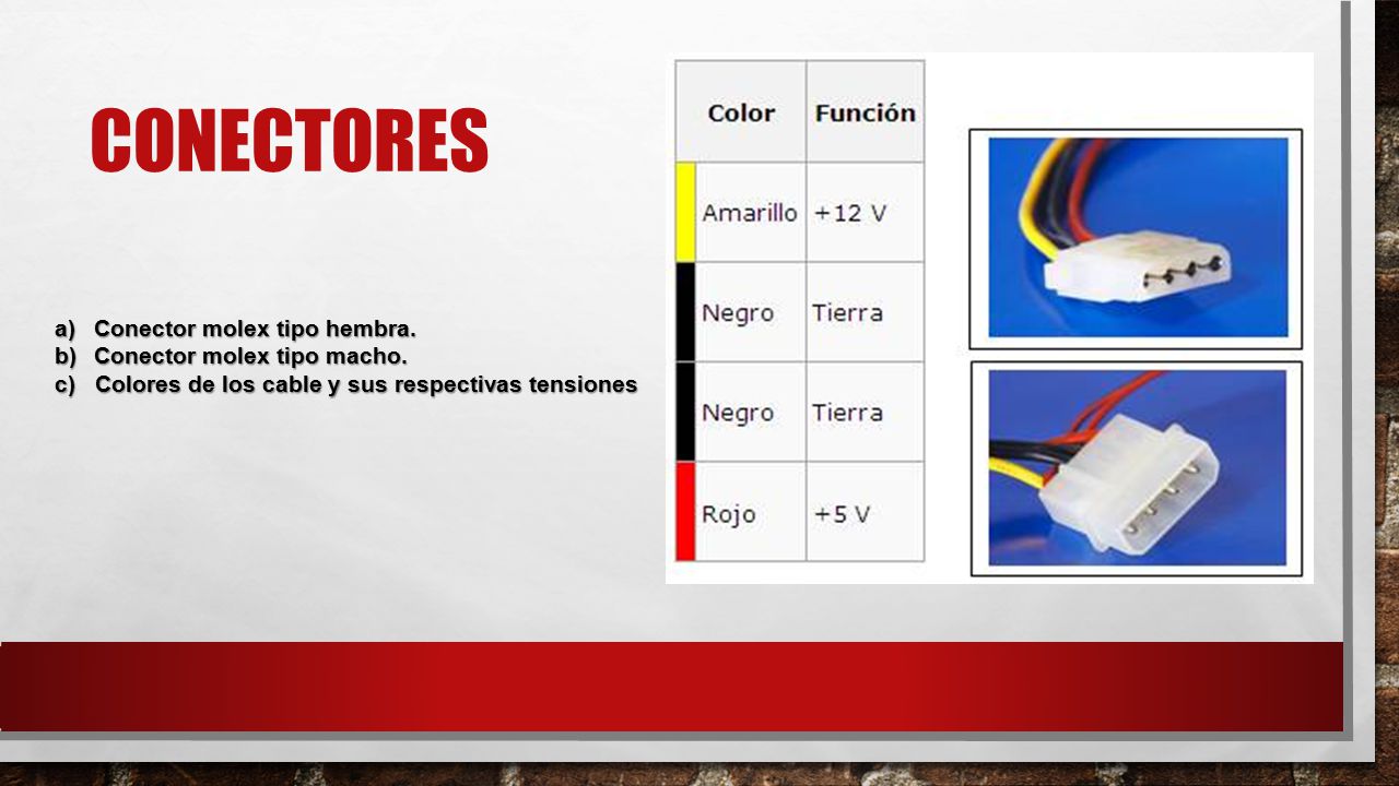 Conectores Conector molex tipo hembra. Conector molex tipo macho.
