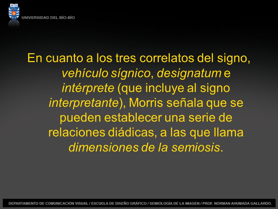 En cuanto a los tres correlatos del signo, vehículo sígnico, designatum e intérprete (que incluye al signo interpretante), Morris señala que se pueden establecer una serie de relaciones diádicas, a las que llama dimensiones de la semiosis.