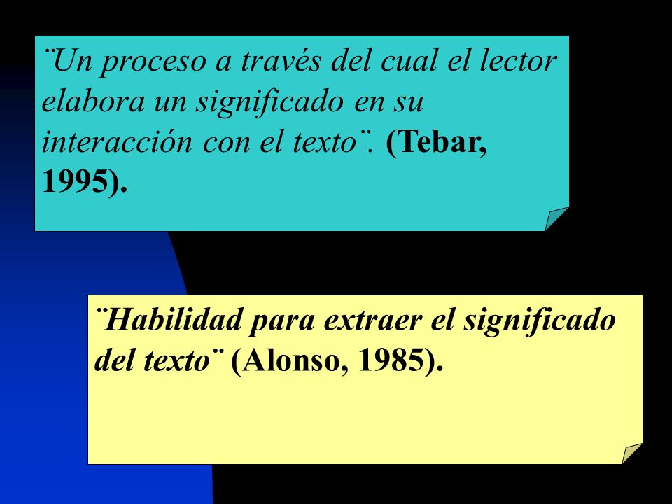 ¨Un proceso a través del cual el lector elabora un significado en su interacción con el texto¨. (Tebar, 1995).