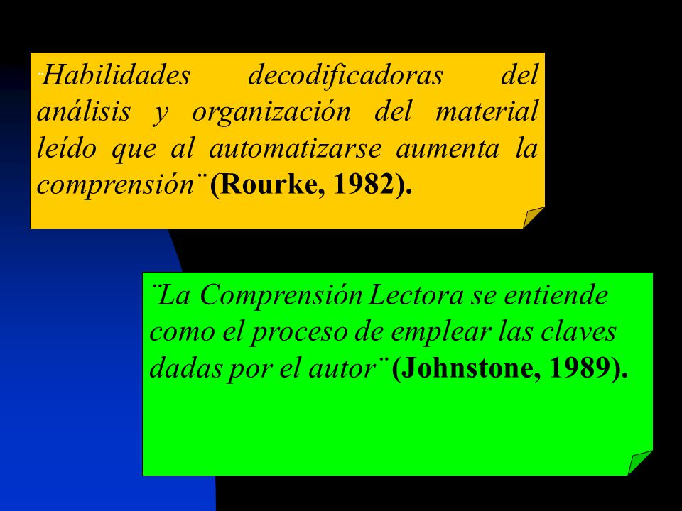 ¨Habilidades decodificadoras del análisis y organización del material leído que al automatizarse aumenta la comprensión¨ (Rourke, 1982).