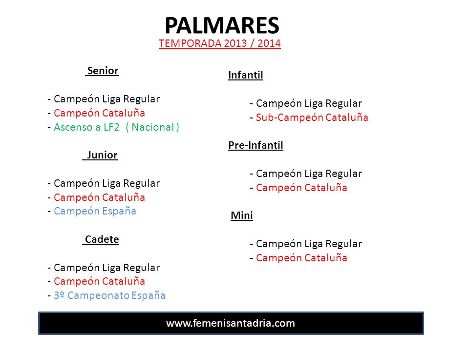 PALMARES TEMPORADA 2013 / 2014 Senior Infantil - Campeón Liga Regular