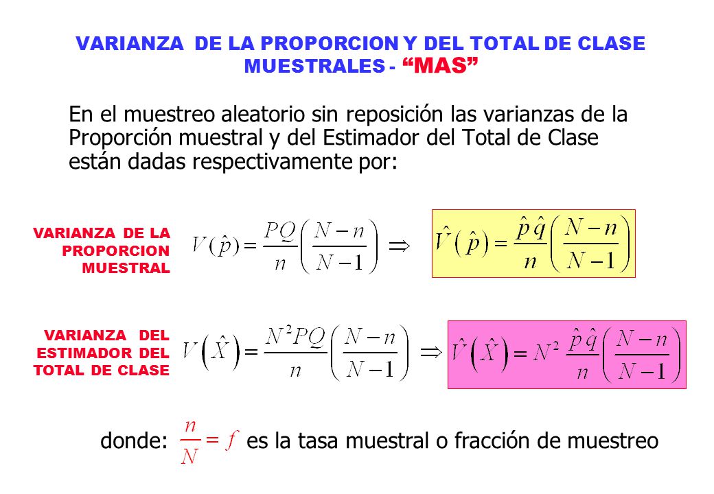 VARIANZA DE LA PROPORCION Y DEL TOTAL DE CLASE MUESTRALES - MAS