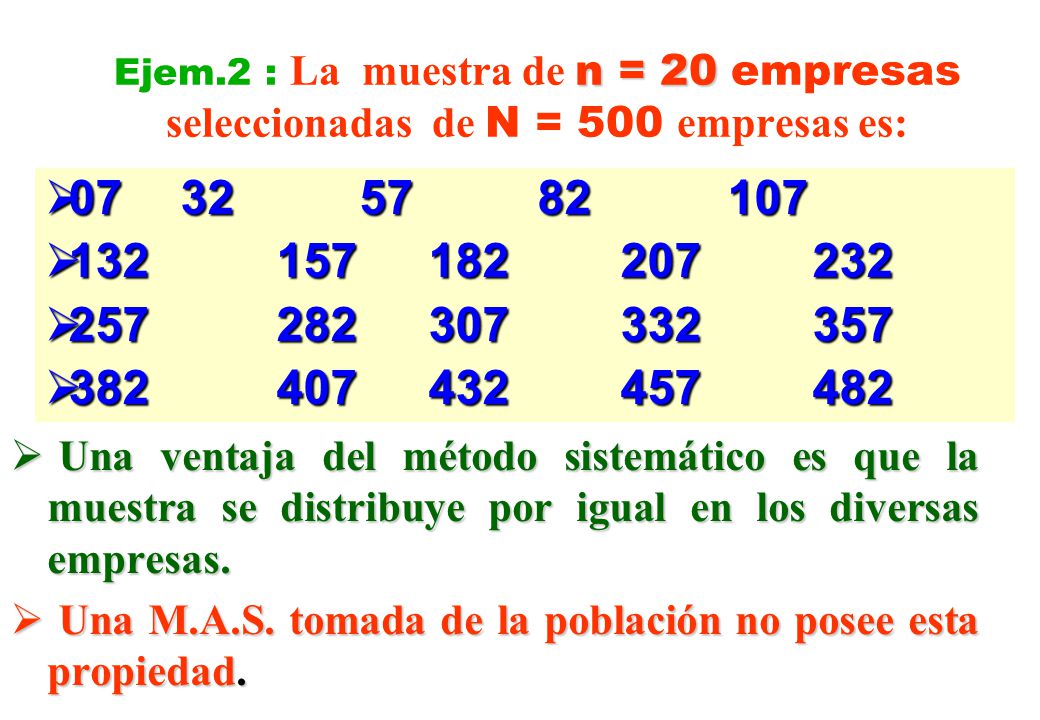 Ejem.2 : La muestra de n = 20 empresas seleccionadas de N = 500 empresas es: