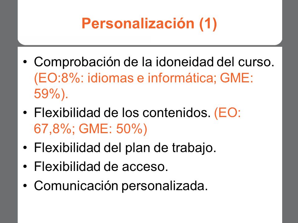 Personalización (1) Comprobación de la idoneidad del curso. (EO:8%: idiomas e informática; GME: 59%).