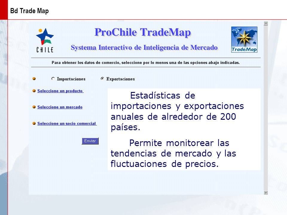 Bd Trade Map Estadísticas de importaciones y exportaciones anuales de alrededor de 200 países.