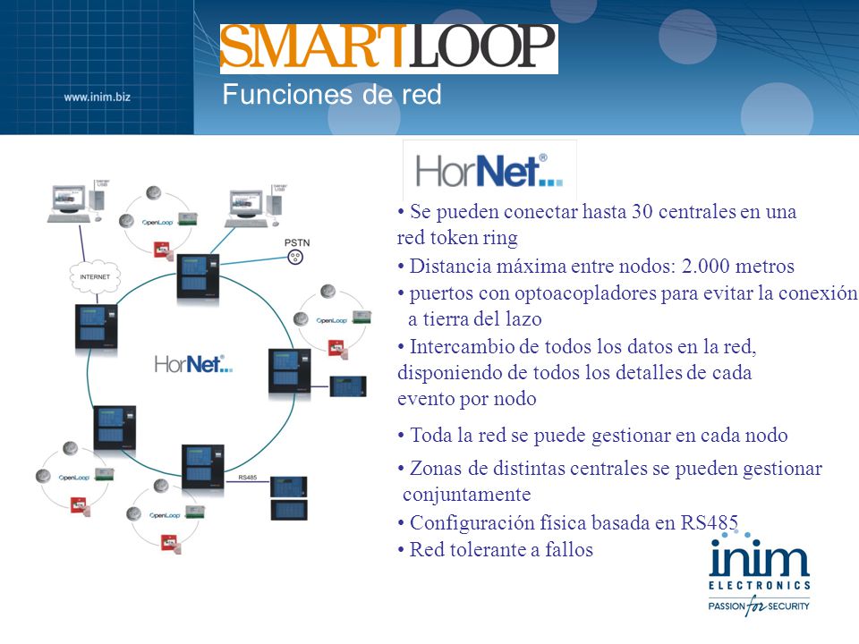 Funciones de red Se pueden conectar hasta 30 centrales en una red token ring. Distancia máxima entre nodos: metros.