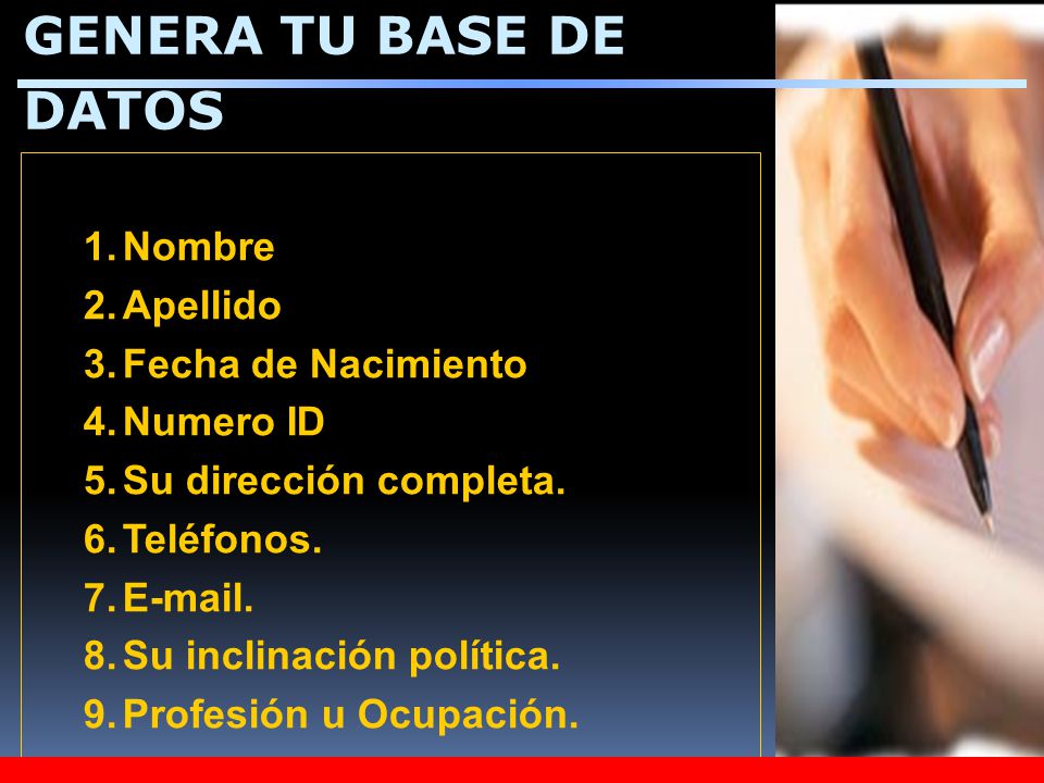 GENERA TU BASE DE DATOS Los datos más importantes son: Nombre Apellido