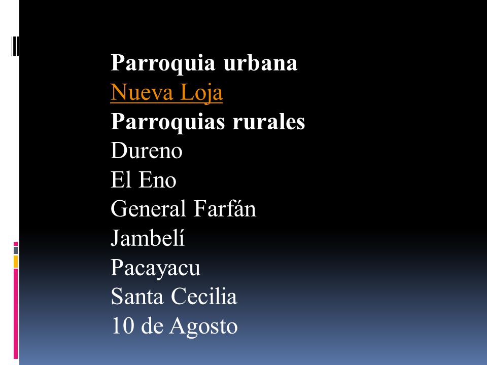Parroquia urbana Nueva Loja. Parroquias rurales. Dureno. El Eno. General Farfán. Jambelí. Pacayacu.