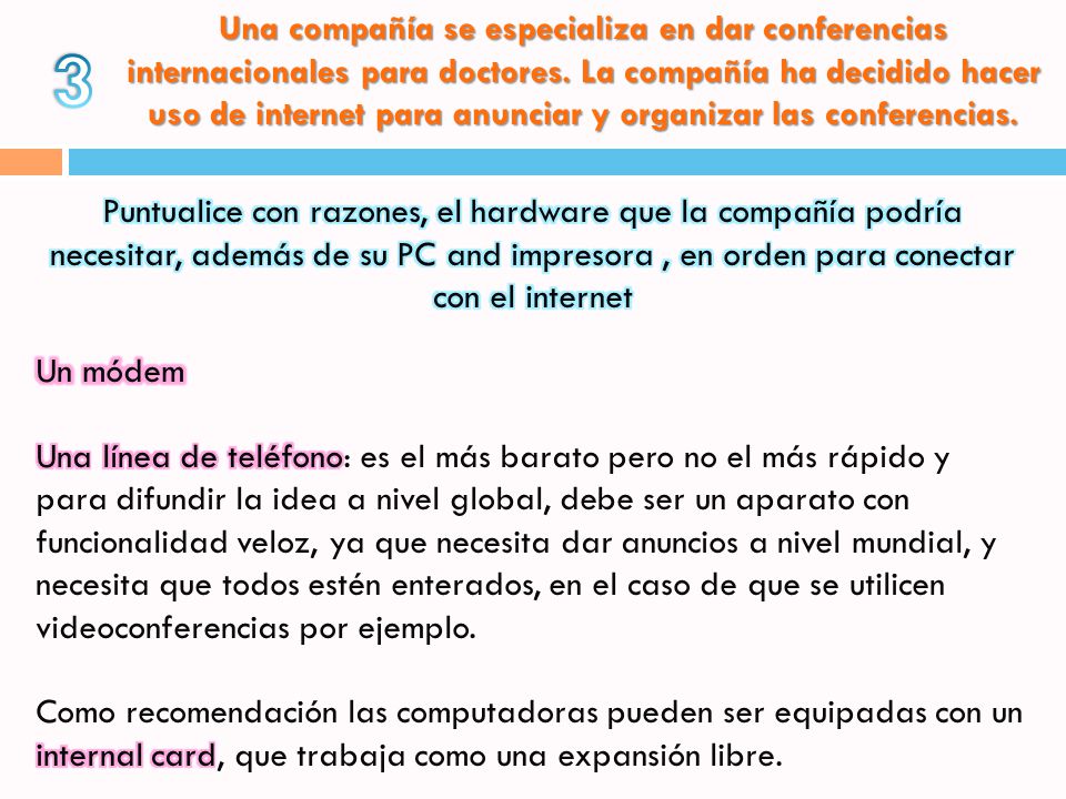 Una compañía se especializa en dar conferencias internacionales para doctores. La compañía ha decidido hacer uso de internet para anunciar y organizar las conferencias.