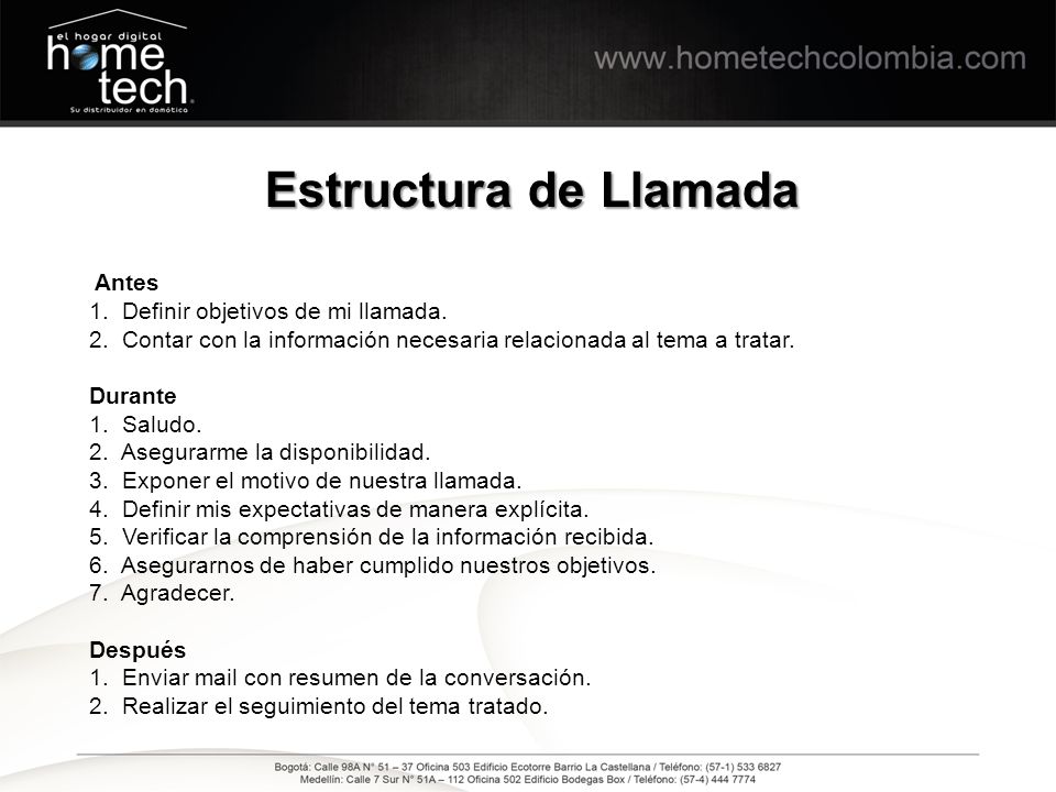 Estructura de Llamada Antes 1. Definir objetivos de mi llamada.