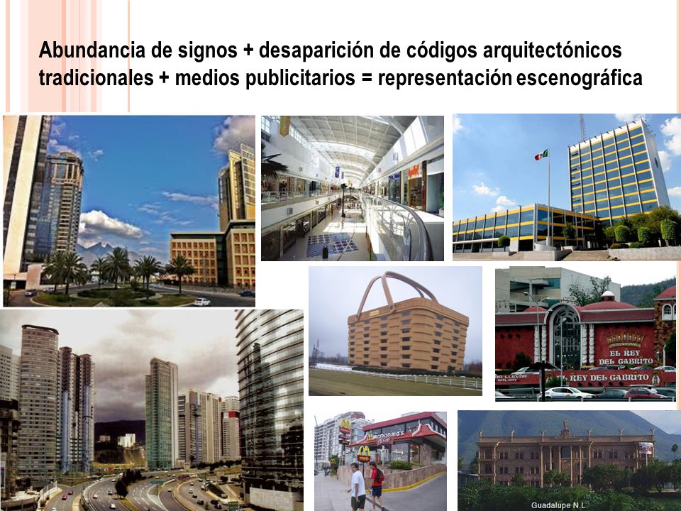 Abundancia de signos + desaparición de códigos arquitectónicos tradicionales + medios publicitarios = representación escenográfica